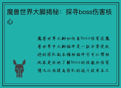 魔兽世界大脚揭秘：探寻boss伤害核心